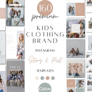Kids Fashion brand instagram Story templates, childrens clothing brand insta posts, customizable template canva, kids clothing label, B&W