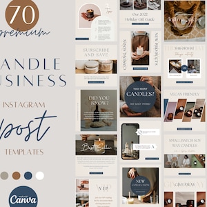 Könnte beinhalten: 70 Instagram-Post-Vorlagen für Kerzenunternehmen. Die Vorlagen bieten eine Vielzahl von Designs, darunter minimalistische, moderne und rustikale Stile. Die Vorlagen sind perfekt, um neue Produkte zu bewerben, Verkäufe anzukündigen und Inhalte hinter den Kulissen zu teilen.