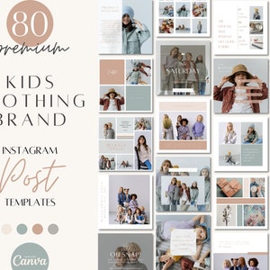 May include: 80 Instagram post templates for a kids clothing brand. The templates feature a variety of colors and designs, including blue, green, and pink. The templates also include text such as "Saturday" and "Kange".