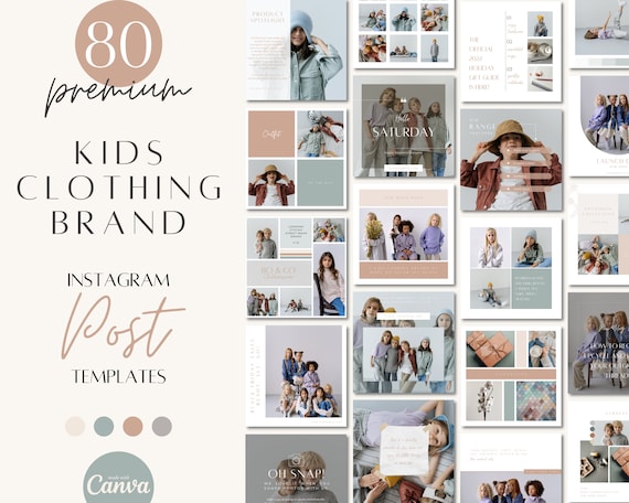 Kids Fashion brand instagram post templates, childrens clothing brand insta posts, customizable template canva, kids clothing label,