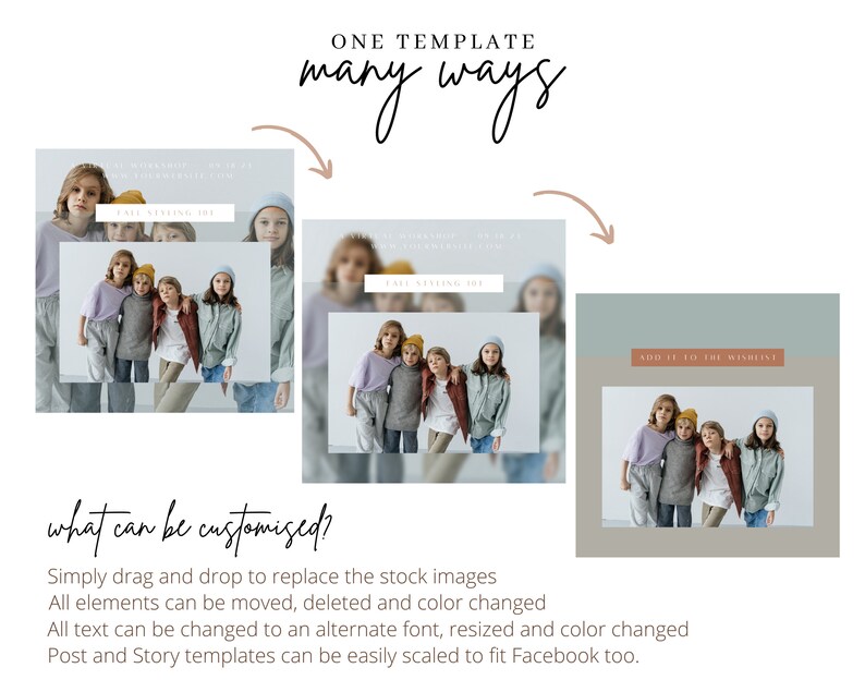 May include: Three different versions of a social media post template featuring a group of children wearing fall clothing. The text on the template reads "Fall Styling 101".