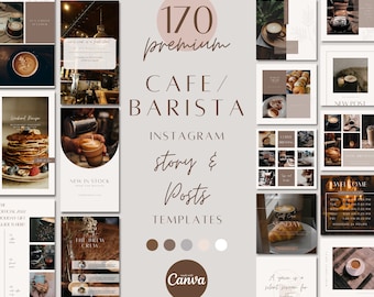 Cafe Barista instagram verhaal- en postsjablonen, cafémarketing posts op sociale media, bewerkbare canva-sjablonen voor coffeeshop INST