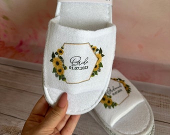 Bridesmaid Slippers | Sunflowers | Personalised Open Toe Spa Slippers | Adult and Child sizes | Bride Slippers | Bridesmaid Gift