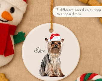 Yorkshire Terrier Dog Christmas Ornament – Personalised Festive Bauble with Santa Hat & Name