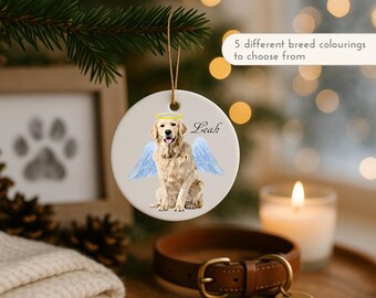 Golden Retriever Dog Memorial Ornament – Personalised Christmas Bauble with Angel Wings & Name | Pet Memorial Gift
