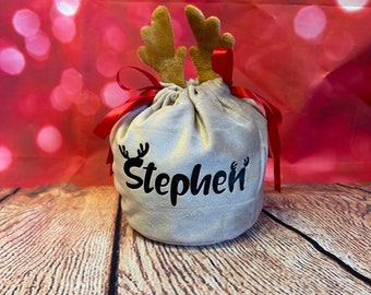 Christmas Treat Bag | Velvet Reindeer Bag | Personalised Christmas Gift | Drawstring Bag | For Baby's First Christmas | Gift Bag | Treat Bag