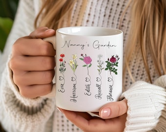 Personalised Birth Flower Mug | Custom Grandma, Nanny or Nanna Gift | Christmas Present | Birthday Gift with Grandchildren’s Names & Flowers