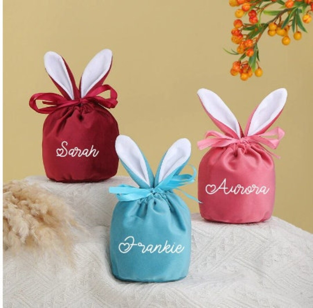 Easter Bunny Velvet Treat Bags Personalised Easter Gift Drawstring Bag