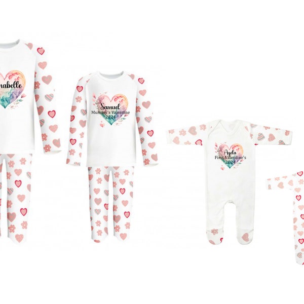 Valentine's Pyjamas | Personalised | Child and Baby Sizes | Matching Valentine Pjs | Hearts | Cotton | Rompersuit | First Valentine's Day