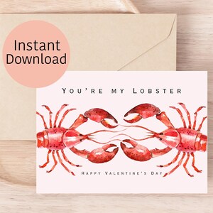 Tarjeta romántica de San Valentín - Langosta - Eres mi langosta - Divertida - Amigos - Tarjeta imprimible, descarga instantánea, con plantilla de sobre.