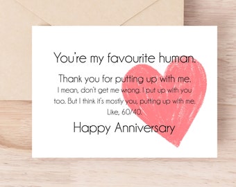 Divertente biglietto d'auguri per l'anniversario: il mio essere umano preferito, stampabile con busta (download immediato)