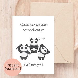 Carte porte-bonheur/adieu - pandas - jolie carte imprimable porte-bonheur du groupe, téléchargement immédiat, avec modèle d'enveloppe.