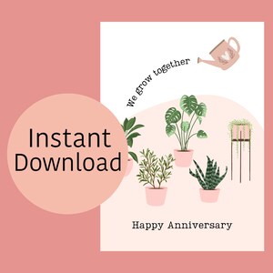 Jubileumkaart - "We Grow Together" Planten - Afdrukbare jubileumkaart, Instant Download, Digitale Print, met envelop.