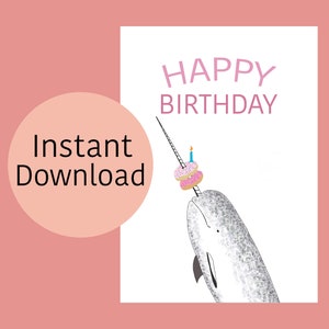 Narval - Feliz Cumpleaños - Tarjeta de Cumpleaños Imprimible, Descarga Instantánea Narval con Donuts, Impresión Digital, con plantilla de sobre.