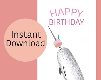 Narwhal - Happy Birthday - Printable Birthday Card, Instant Download Narwhal with Donuts, Digital Print, with envelope template.