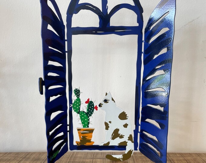 David Gerstein Pop art hand made Metal sculpture " Cat at Window coexistence "