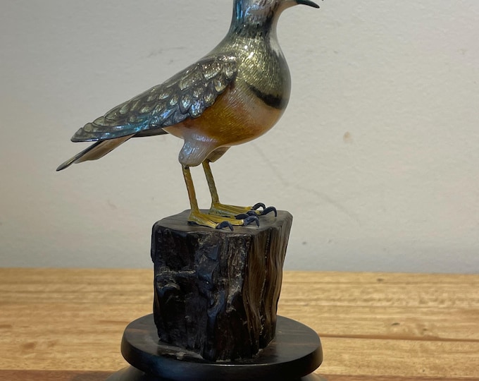 Francesco Rigossi Hand-painted silver on a wooden base " Standing Bird on Dark Tree Stump "