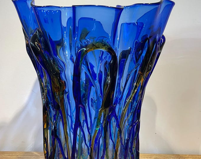 Murano Large handmade Blue stained glass vase by Giuliano Busato