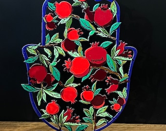 Hamsa pomegranates Aluminum sculpture hand painted by Emanuel