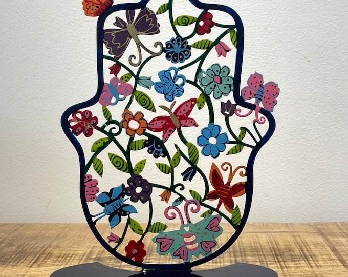 Emanuel hand-made painted metal sculpture butterfly Hamsa hand