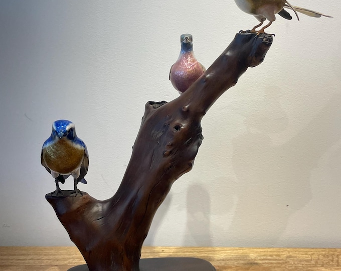 Francesco Rigossi Hand-painted silver on a wooden base, " birds on a Tree  "