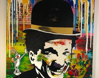 Painting of " Charlie Chaplin " Oil on Canvas 60 x60 cm  by Golan Vaknin