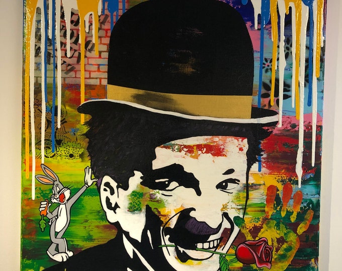 Painting of " Charlie Chaplin " Oil on Canvas 60 x60 cm  by Golan Vaknin