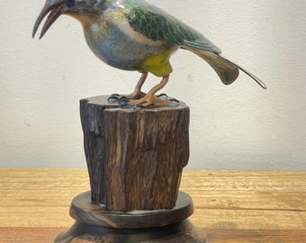Francesco Rigossi Hand-painted silver on a wooden base Bird on a Tree Trunk