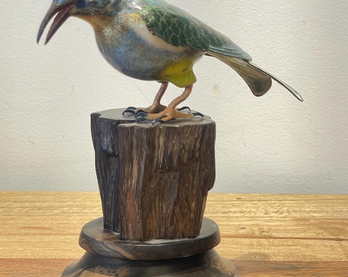 Francesco Rigossi Hand-painted silver on a wooden base Bird on a Tree Trunk