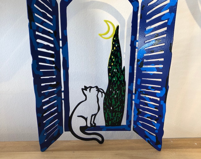 David Gerstein  Pop art hand made Metal sculpture Window " The cat at the moon "
