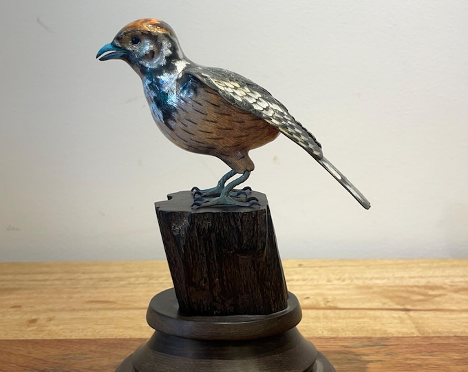 Francesco Rigossi Hand-painted silver on a wooden base Bird on a Tree Trunk