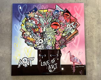 Taryn Treisman Pop art Bouquet of pink and blue painting on aluminium