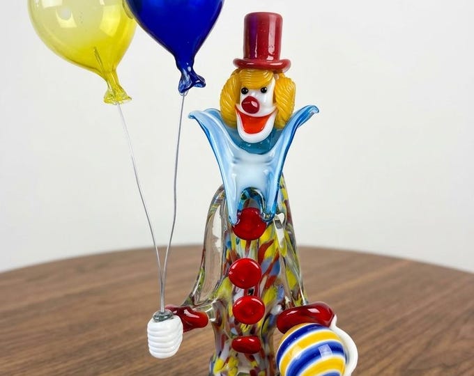 Murano Large handmade stained glass sculpture  " Clown with Balloons," signed and with original box