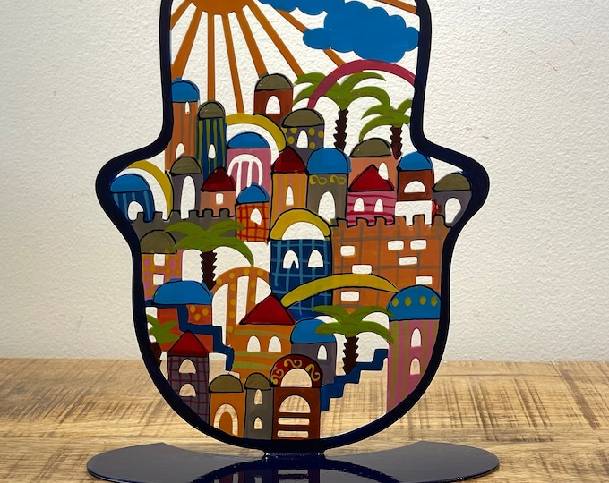 Emanuel hand-made painted metal sculpture Jerusalem Hamsa