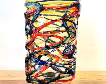 Murano Large stained red and yellow  glass hand-made vase - signed by the artist