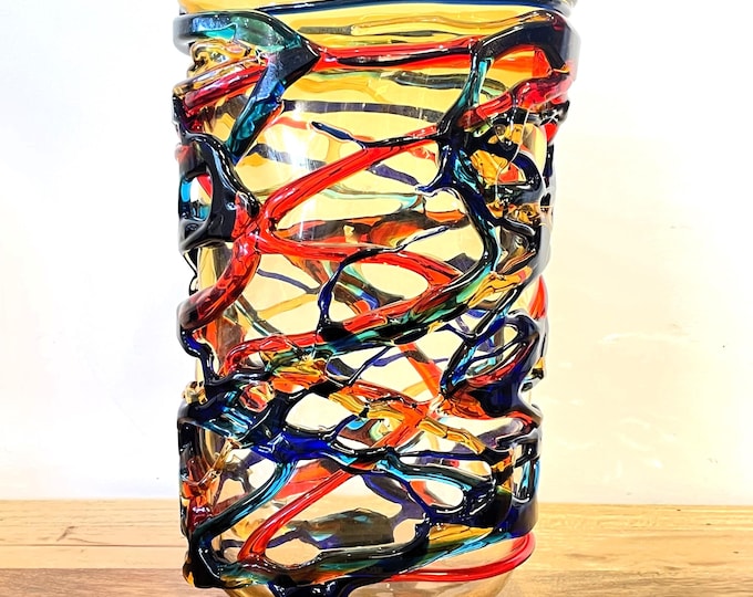 Murano Large stained red and yellow  glass hand-made vase - signed by the artist