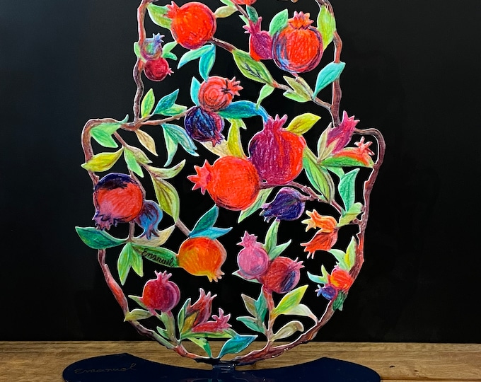 Hamsa pomegranates Aluminum sculpture hand painted by Emanuel