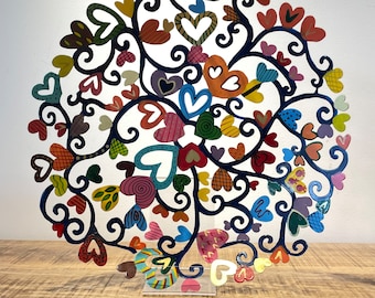 Emanuel hand-made painted metal sculpture plate  " hearts "