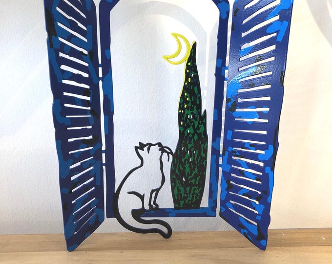 David Gerstein  Pop art hand made Metal sculpture Window " The cat at the moon "