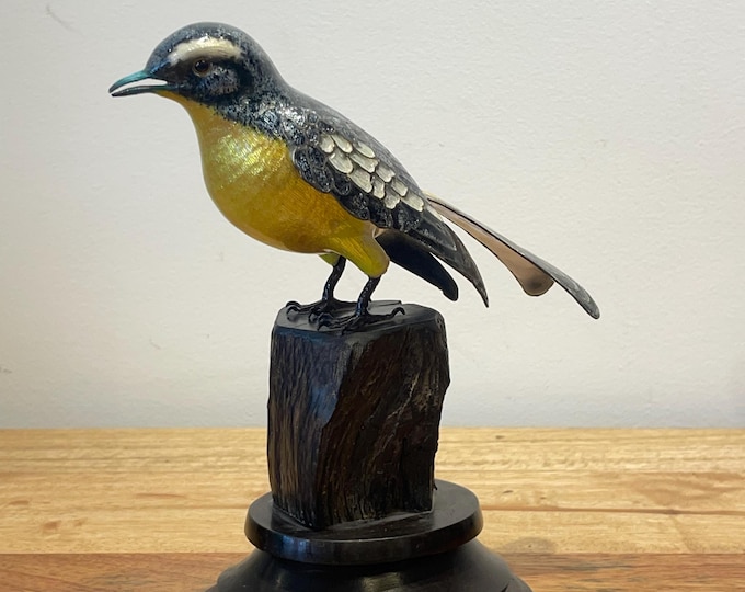 Francesco Rigossi Hand-painted silver on a wooden base Singing Bird on a Tree Trunk