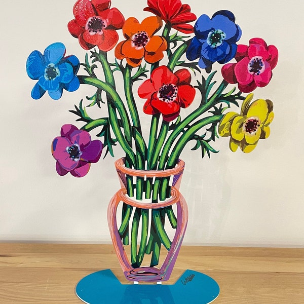 David Gerstein Pop art metal  sculpture  Bouquet " poppies vase "