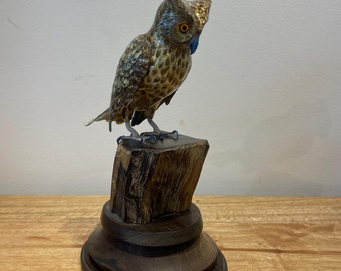 Francesco Rigossi Hand-painted silver on a wooden base Owl on a Tree Trunk