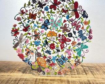 Emanuel hand-made painted metal sculpture plate  " butterflies "