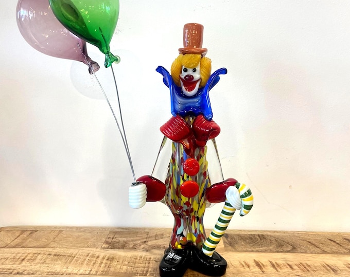 Murano Large handmade stained glass sculpture  " Clown with Balloons," signed and with original box