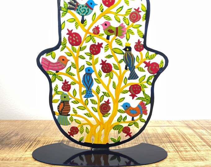 Emanuel hand-made painted metal sculpture birds Hamsa