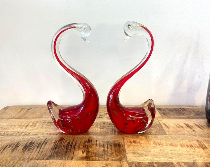 Murano handmade red stained glass sculpture  " Swan" pair