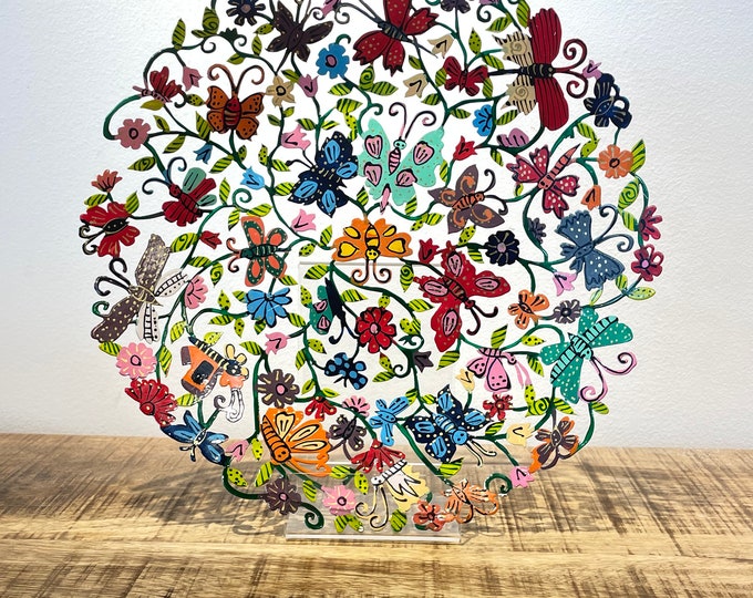 Emanuel Large hand-painted metal plate sculpture with butterflies