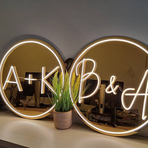 Gold Mirror Wedding Sign Custom Initials, Luxury wedding Neon Sing, Mirror with Light Up Letters Welcome Sign