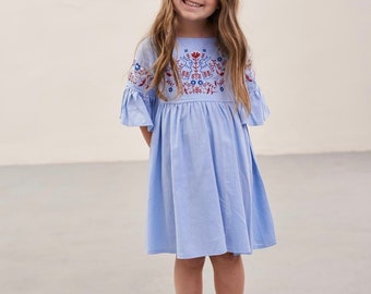 New 2023,Vyshyvanka dress Ukraine with embroidery for a girls, White dress ornaments forbaby made of cotton and linen,From 6 to 13 years old