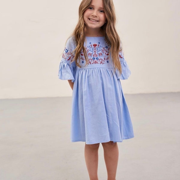 New 2023,Vyshyvanka dress Ukraine with embroidery for a girls, White dress ornaments forbaby made of cotton and linen,From 6 to 13 years old